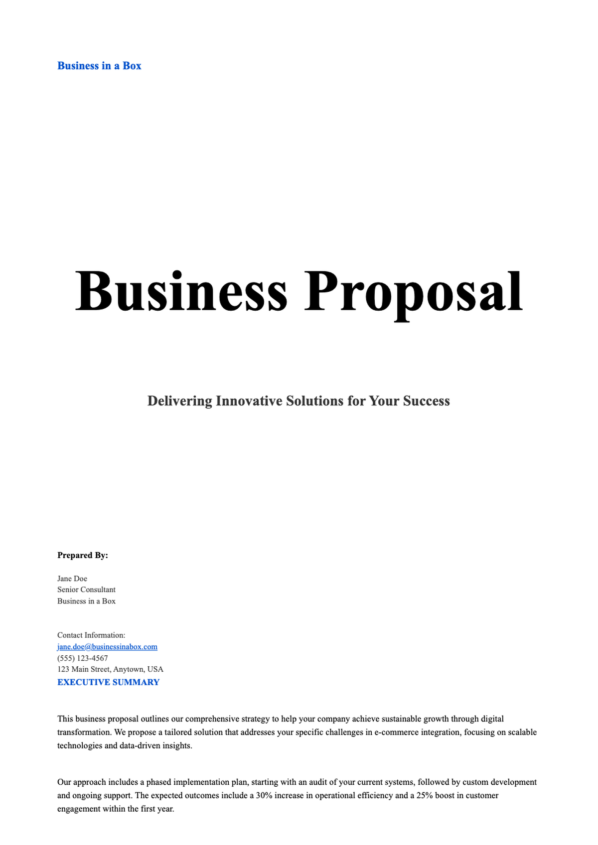 Business proposal template with blue branding and placeholder contact info_variant_2